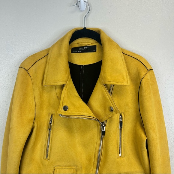 Zara Mustard Yellow Faux Leather Biker Jacket Womens L Indie Rocker Grunge Outer - Picture 6 of 16